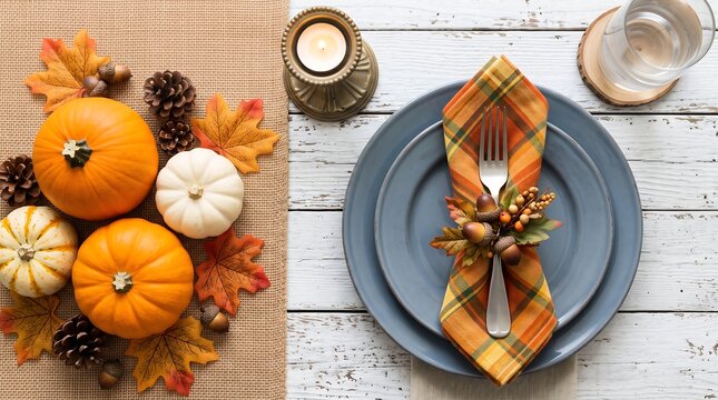 Warm and cozy Thanksgiving table setting with autumnal decor and pumpkins