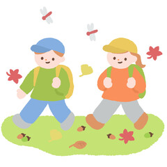 秋の遠足を楽しむ子どものイラスト
