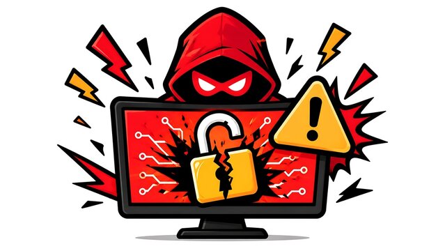 Hacker Character with Broken Lock on Screen Cyber Security