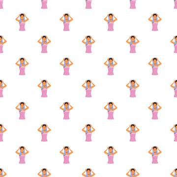Woman drying hair with a towel on a white background, repeating in a seamless pattern