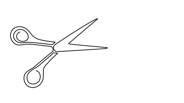 Scissors cutting thread hair textile one line art animation, barbershop metallic sharp tool or tailor sewing accessory continuous drawing contour movie, craft cutting hairdressing outline 4k 