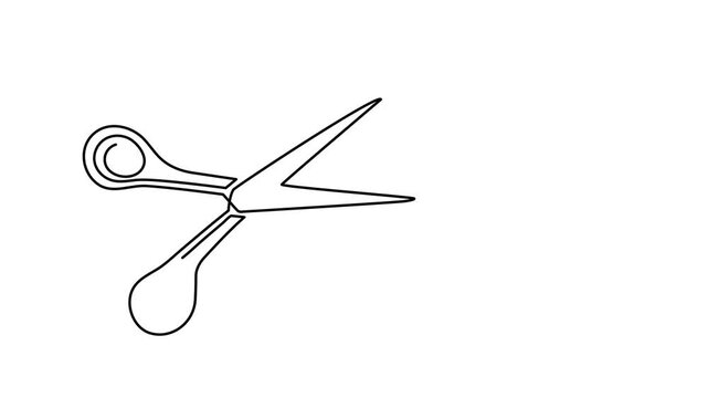 Scissors cutting thread hair textile one line art animation, barbershop metallic sharp tool or tailor sewing accessory continuous drawing contour movie, craft cutting hairdressing outline 4k 