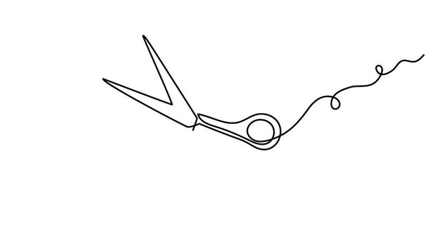 Scissors cutting thread hair textile one line art animation, barbershop metallic sharp tool or tailor sewing accessory continuous drawing contour movie, craft cutting hairdressing outline 4k 
