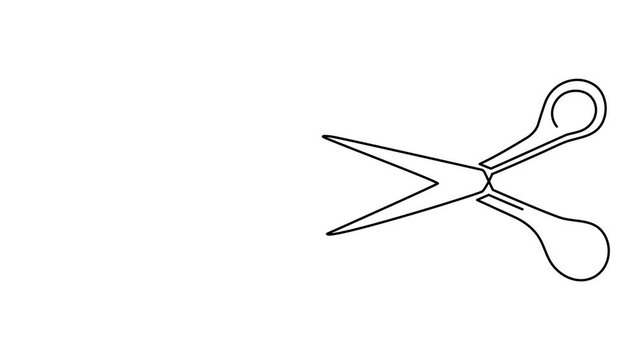 Scissors cutting thread hair textile one line art animation, barbershop metallic sharp tool or tailor sewing accessory continuous drawing contour movie, craft cutting hairdressing outline 4k 