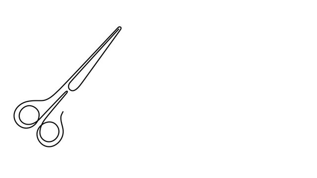 Scissors cutting thread hair textile one line art animation, barbershop metallic sharp tool or tailor sewing accessory continuous drawing contour movie, craft cutting hairdressing outline 4k 