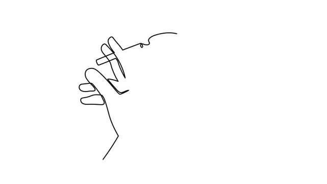 Hand holds smoking cigarette one line art animation, hand drawn severe nicotine addiction concept continuous drawing contour motion. Tobacco use harmful, unhealthy habit health hazard. 4k self-drawing