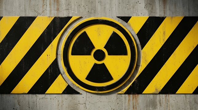 Industrial Radioactive Hazard Symbol Background Featuring Circular Caution Sign Centered Between Diagonal Yellow and Black Striped Warning Elements 3D Render radioactive hazard symbol nuclear warning