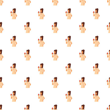 Woman eating watermelon slice seamless repeating pattern
