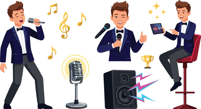 Male Vocalist and Event Host Character Vector Set with Man in Tuxedo Singing hosting Show Using Microphone Speaker and Tablet Icons