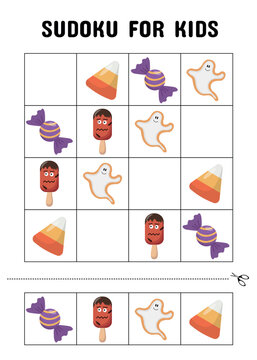 Halloween Sudoku Puzzle for Kids with Candy Corn, Ghost Cookie, Wrapped Candy and Monster Popsicle Printable Worksheet