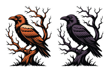 Naklejka premium Gothic Raven and Twisted Dead Tree Vector Illustration Isolated on White Background
