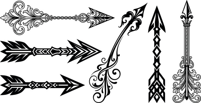 Collection of decorative arrows with ornate filigree, tribal patterns, and vintage style elements