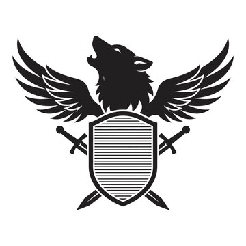 Black silhouette wolf eagle shield swords logo emblem symbol