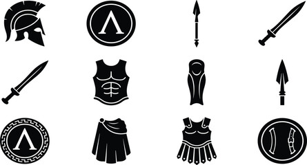 Fototapeta premium Spartan, warrior, armor, icons, set, black, vector, silhouettes, helmet, shield, sword, spear, breastplate, cloak, ancient, Greek, Roman, soldier, equipment, symbol