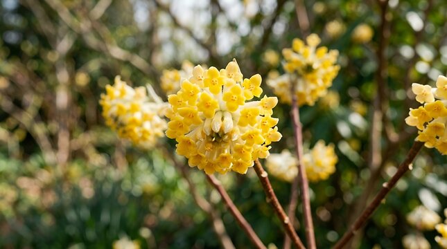 Macro Close Up of Yellow Paperbush Flower Clusters Blooming in Spring Sunlight flower yellow paperbush bloom blooming spring floral botanical macro close up cluster spherical texture plant nature