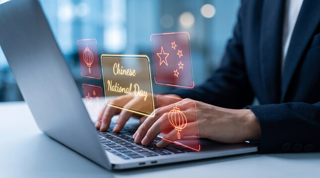 Chinese National Day business concept with laptop, cultural symbols, festive greeting, and digital interface for online marketing and holiday communication, China National Day
