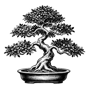A Moyogi style bonsai Ficus tree  Hand-drawn vintage engraving illustration 