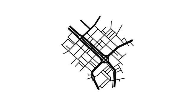 A simplified black and white map silhouette depicts an urban road network on a white background cityscape urban planning