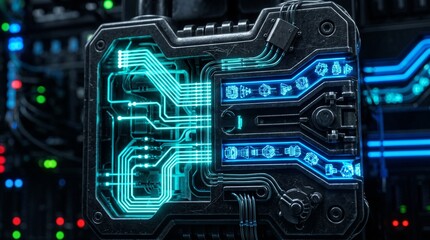 Fototapeta premium Futuristic digital security mechanism with displays complex industrial