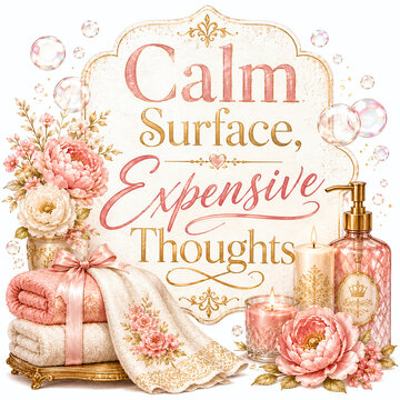 Calm Surface, Expensive Thoughts. Elegant powder room quote design with bubbles, candles, floral towel accents and soft luxury typography for sublimation and wall prints.