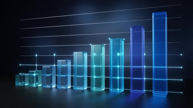 Progressive digital bar chart graphic showing financial growth trends with glowing blue translucent columns and data analysis grid for success