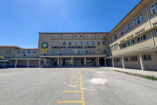 Ankara, Turkey - April 29, 2026: Historic front facade and entrance of Ankara Atat&uuml;rk High School under clear blue sky (Ankara Atat&uuml;rk Lisesi, Ankara, T&uuml;rkiye)