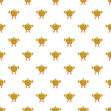 Green apple fitness characters flexing muscles forming a seamless pattern on white