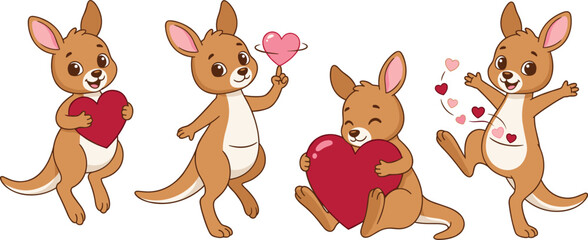 Obraz premium Cute Kangaroo Cartoon Character Set Holding Hearts For Valentines Day Greeting Cards, Children Book Illustrations, and Romantic Sticker Designs
