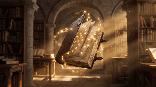 Ancient glowing grimoire levitating within a sunlit stone library archive chamber