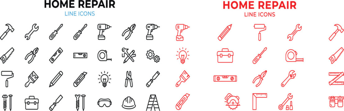 Set of home improvement and repair icons featuring various construction tools and equipment in black and red