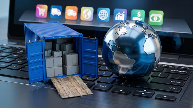 Blue shipping container filled with boxes on a laptop keyboard, with a globe and app icons symbolizing global commerce and logistics, ideal for business concepts.