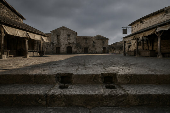 Empty ancient market square with stone steps showing indentations where a pillory once stood.