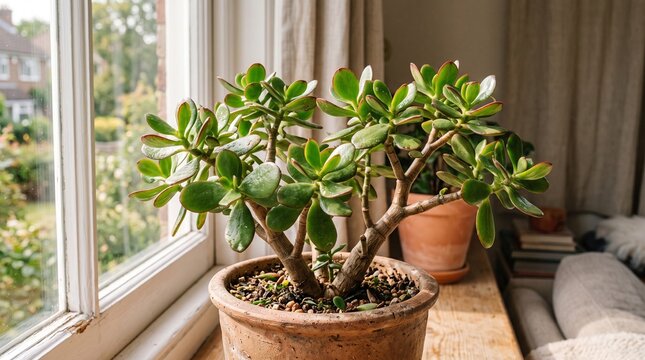 Healthy green Jade plant in terracotta pot on wooden windowsill.