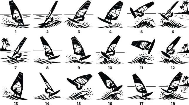 Windsurfing silhouette icon set, windsurfer athlete vector collection, ocean wave extreme sports, water activity tropical island beach design elements