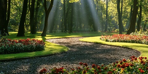 Naklejka premium A Beautiful Serene Landscape Garden With A Winding Gravel Pathway And Vibrant Flowers Under Light