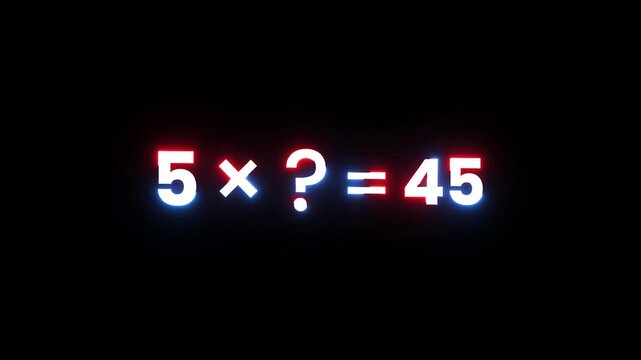Math equation with five times question mark equals forty five in neon glowing typography.
