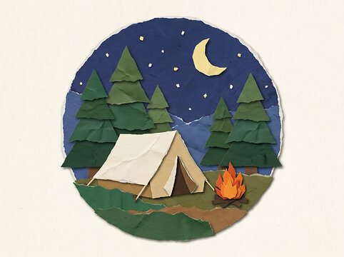 Circular paper craft illustration of a campsite at night with a tent campfire pine trees and a crescent moon campfire papercraft circular adventure illustration