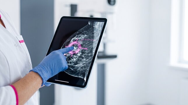 Healthcare professional reviewing mammogram on digital tablet