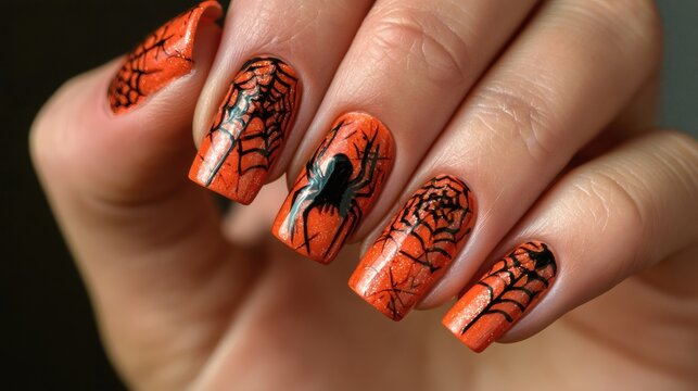 Halloween nail art with spider and web design on orange nails, close-up manicure with black spider decoration on fingernails