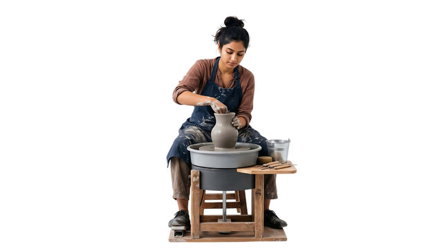 Young woman artisan sitting on a wooden stool and shaping a clay vase on a pottery wheel in a studio on a transparent background