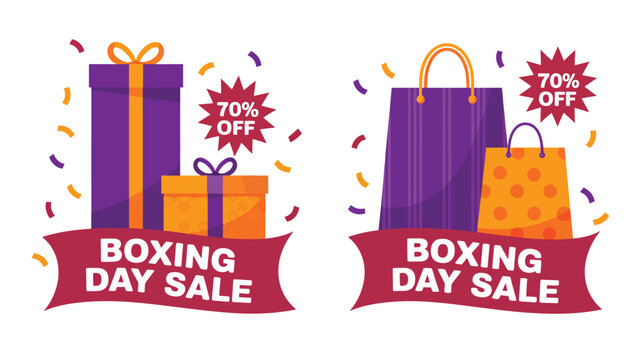 Boxing Day sale banners with festive gifts and shopping bags offering 70 percent off