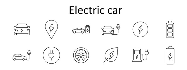 Fototapeta premium Electric car set icon. Automobile, location marker, charging point, powered vehicle, lightning symbol, accumulator, plugged transport, connector port, wheel rim, eco leaf, infrastructure, clean energy