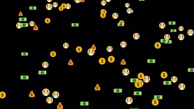 Floating money emojis, dollar coins and banknotes create a dynamic financial animation symbolizing prosperity, earnings and wealth with alpha channel.