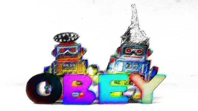 retro bots with tin foil hats OBEY 