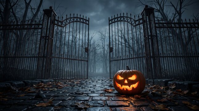 Glowing orange jack-o'-lantern pumpkin sits on wet cobblestones featuring sharp carved eyes and a sinister grin in dark spooky lighting