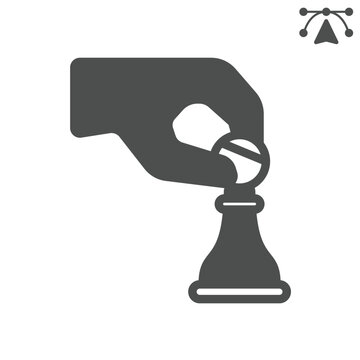 Pawn move with hand solid icon, chess game concept. Vector graphics. Movement of a piece sign and editable stroke, glyph style icon for mobile or web design.