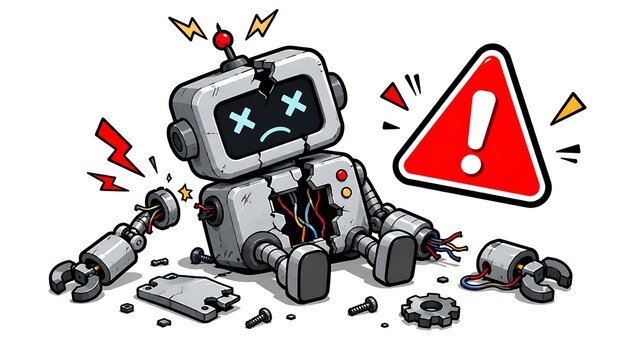 Broken Robot Illustration with Warning Sign