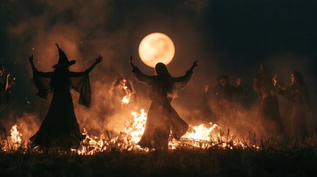 Witches dancing around ritual fire under full moon at night, mystical Halloween ceremony with silhouettes and dark fantasy atmosphere