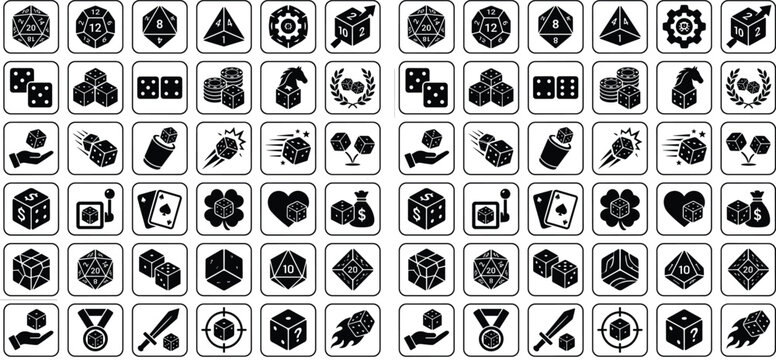 Board Game and Dice Black Silhouette Icon Set for Gaming Casino and Tabletop Design