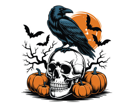 Black Raven with Skull Spooky Vector Illustration Isolated on White Background